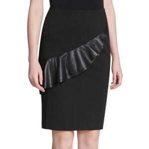 Calvin Klein Black Faux Leather Pencil Skirt w/Ruffle Trim Sz 10 • NWT